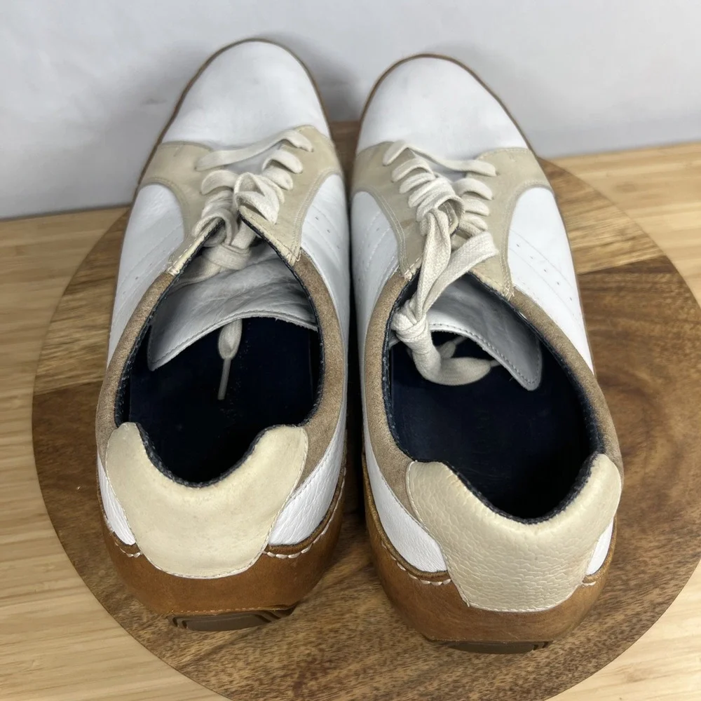 COLE HAAN Men SZ 11.5M White Crackled Leather Saddle Trim Lace Up Driving Loafer